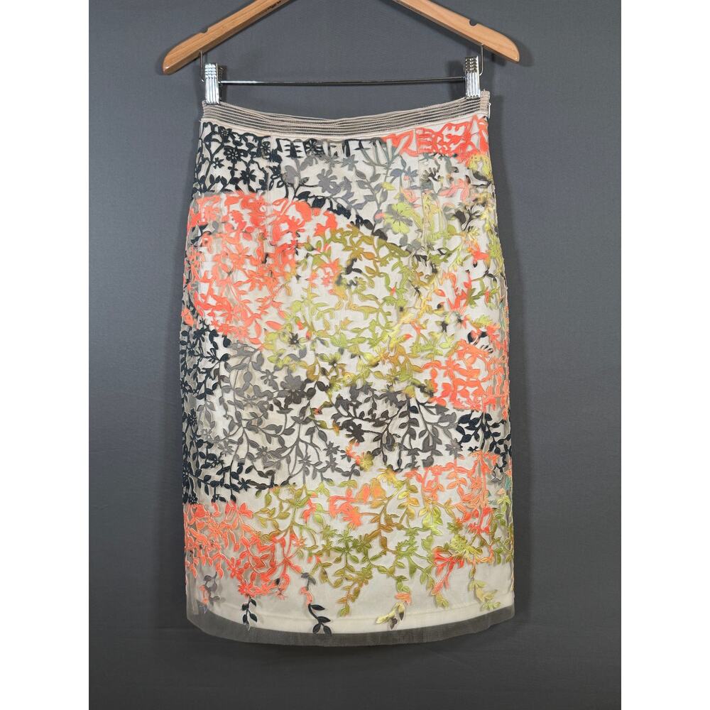 Anthropologie Geisha Designs Floral Pencil Skirt Women 2 Cream Mesh Overlay Midi